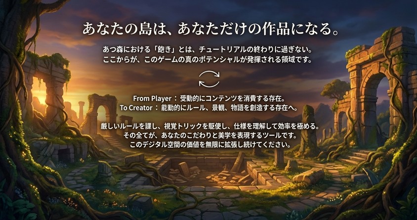 「あなたの島は、あなただけの作品になる」というメッセージと共に、受動的な消費から能動的な創造への変化を促すまとめのスライド。