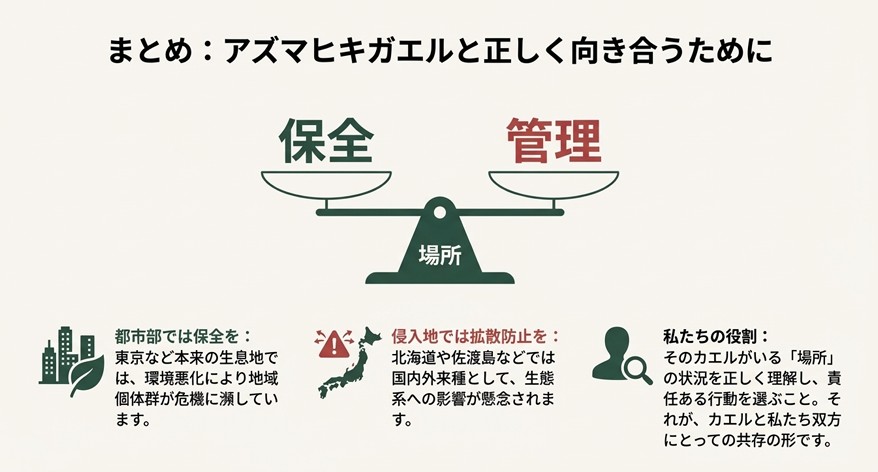 そのカエルがいる「場所」によって、保全すべきか管理（対策）すべきかの判断が変わることを示した天秤のイラスト