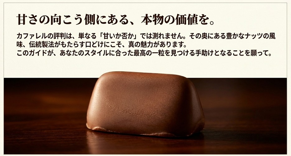 単なる甘さだけでなく、豊かなナッツの風味と伝統製法こそがカファレルの魅力であるというメッセージスライド