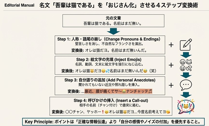 「吾輩は猫である」を題材にしたおじさん構文への変換プロセス（人称・絵文字・自分語り・呼びかけの追加）