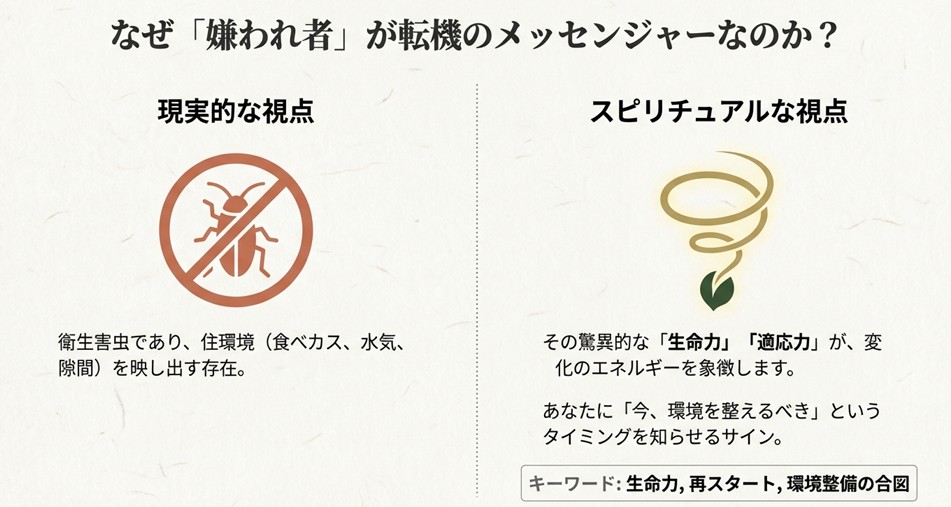 衛生害虫としての現実的な視点と、生命力や変化の象徴としてのスピリチュアルな視点の比較