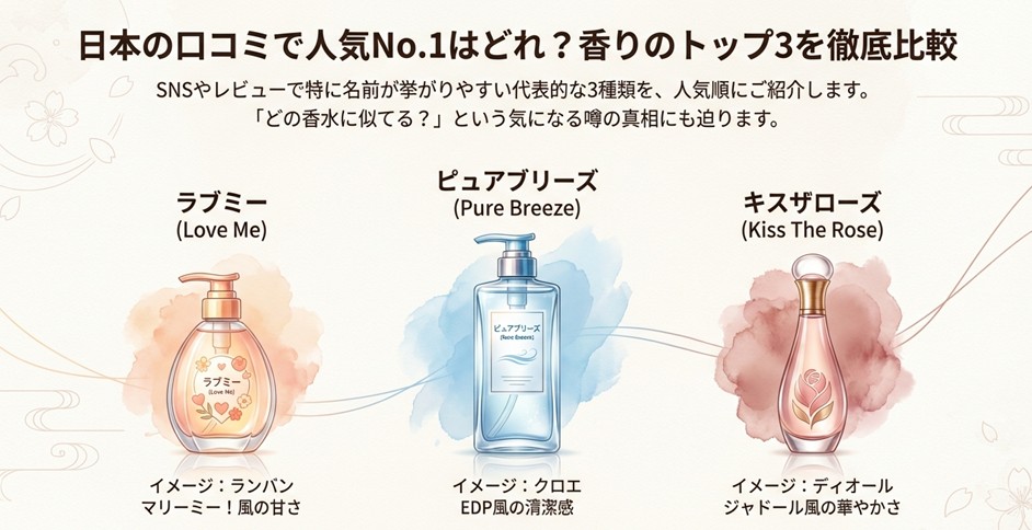 エラスティンシャンプーの人気順（ラブミー、ピュアブリーズ、キスザローズ）と、それぞれが似ていると言われる香水（ランバン、クロエ、ディオール）のイメージ比較図