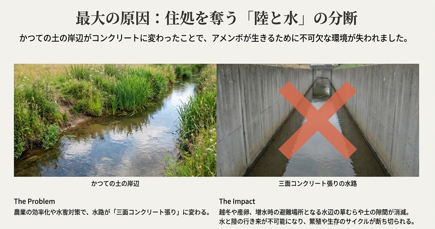 かつての土の岸辺と現在の三面コンクリート張りの水路を比較し、アメンボの繁殖や移動への影響を示した画像