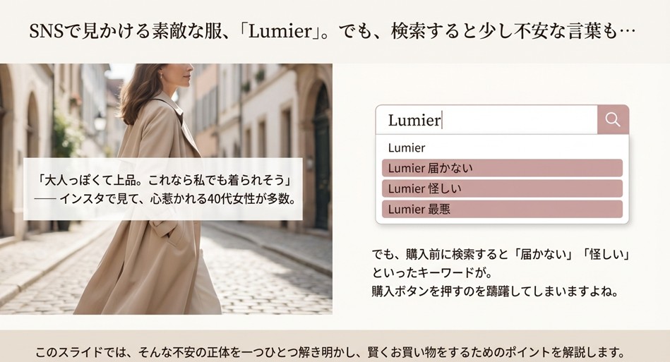 スマートフォンでLumierと検索した際に表示される「届かない」「怪しい」「最悪」というサジェストキーワードと、それに対する記事の導入スライド