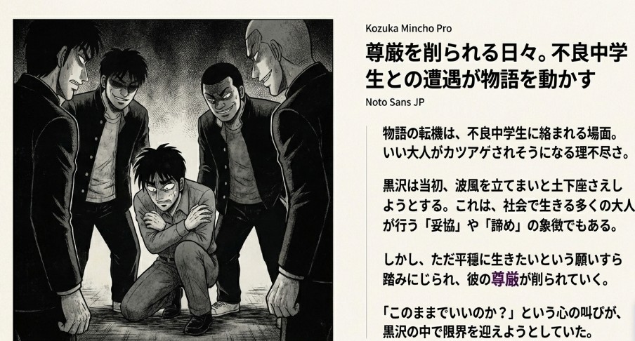 不良中学生たちに囲まれ、うずくまって怯える黒沢のイラスト。理不尽な状況による尊厳の喪失を描写 。