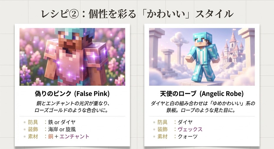 かわいい防具装飾の組み合わせレシピ。銅とエンチャントでローズゴールド風に見せるスタイルと、ダイヤと白で作る天使風スタイルの全身図。