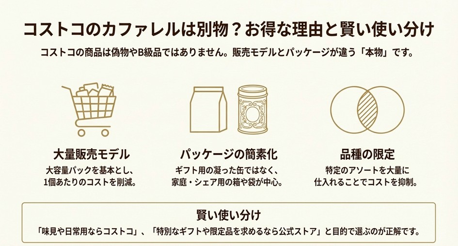 ストコで販売されているカファレルチョコが安い理由は、大量販売モデルとパッケージの簡素化にあることを解説した図