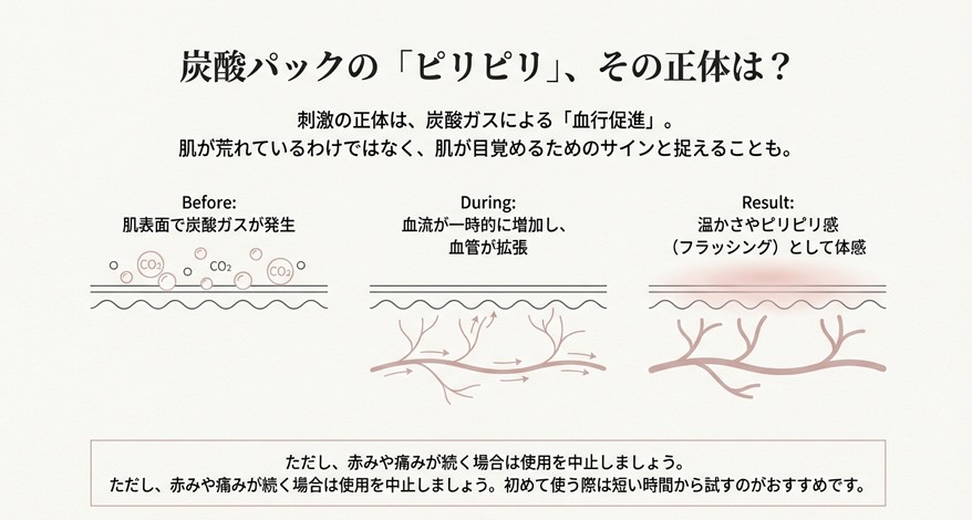 炭酸パックのピリピリ感の正体である「血行促進」のメカニズム図解。炭酸ガスが血管を拡張させる肌断面のイラスト