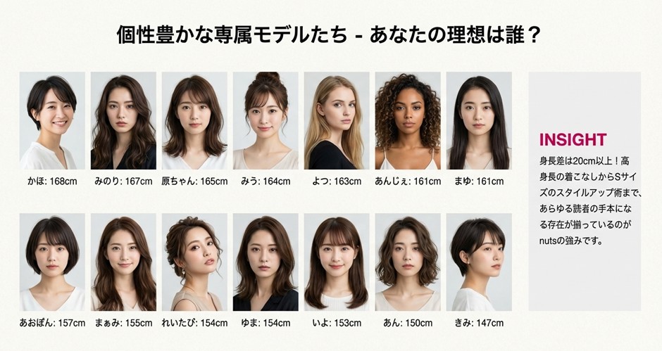 かほ（168cm）からきみ（147cm）まで。nuts専属モデルの身長差20cm以上の比較一覧
