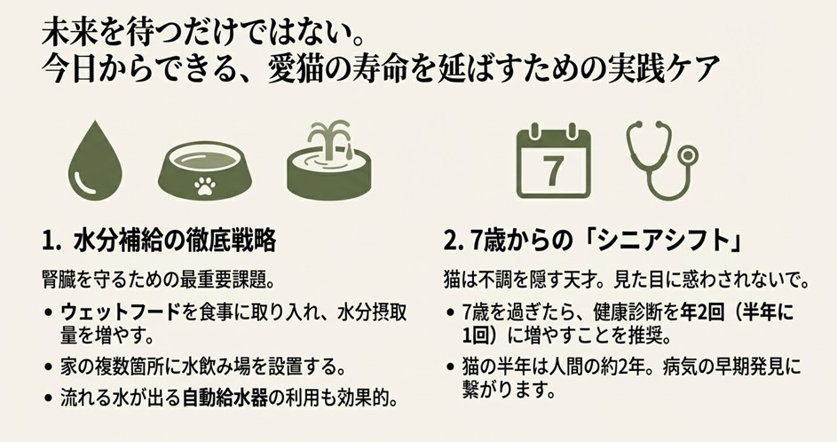 水分補給の工夫や7歳からの定期検診推奨など、愛猫の健康寿命を延ばすために今日からできる2つの実践的ケア。