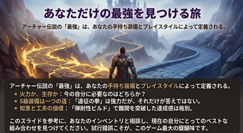 記事のまとめ。火力か生存か、自分のプレイスタイルに合わせた最強の組み合わせを見つけるためのメッセージ。