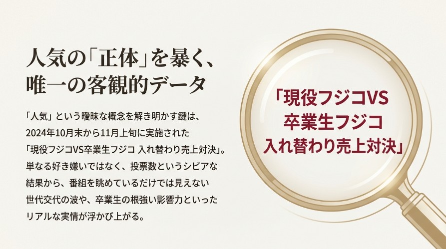 2024年10月-11月に実施された「現役フジコVS卒業生フジコ 入れ替わり売上対決」の概要と客観的データの重要性を解説したスライド