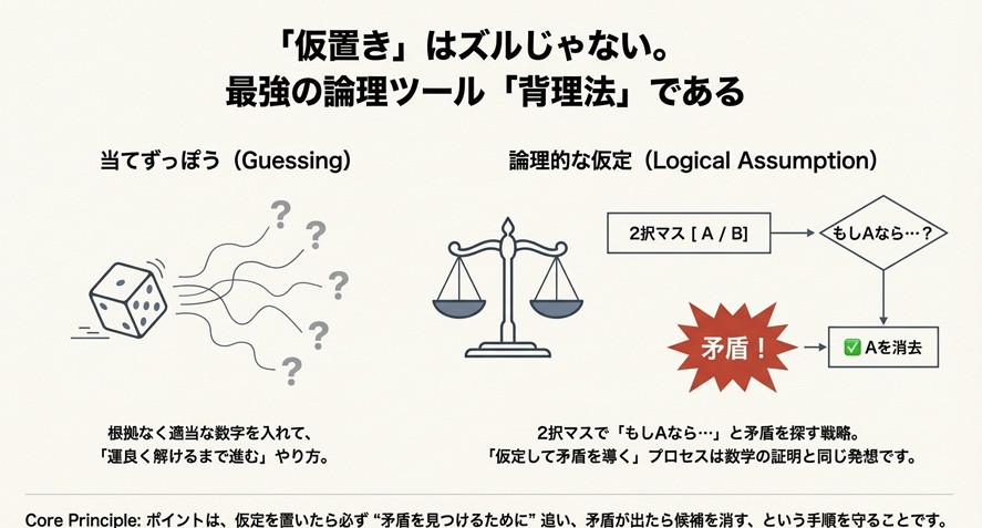 サイコロを振る運任せの「当てずっぽう」と、天秤を用いて矛盾を検証する「論理的な仮定（背理法）」の違いを対比させたイラスト解説。