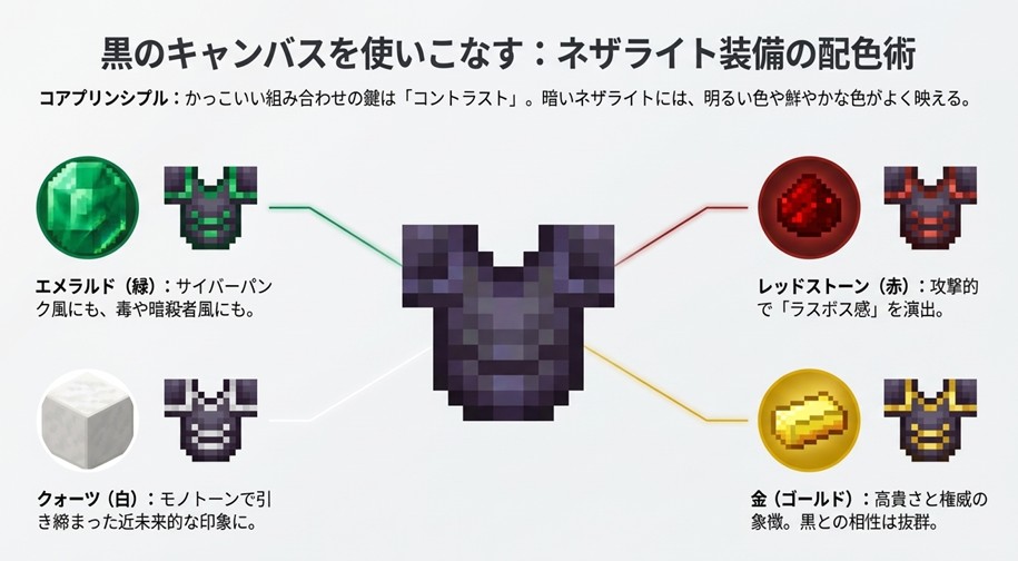 黒いネザライト装備に対して、赤（レッドストーン）、白（クォーツ）、金（ゴールド）などの素材がどのように映えるかを示した配色サンプル。