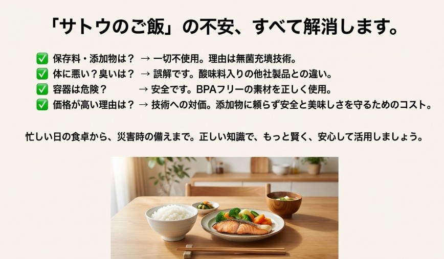 保存料不使用、臭いの誤解解消、容器の安全性、価格の理由をチェックリスト形式でまとめたスライド