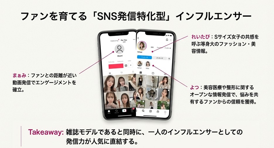 れいたぴ、まぁみ、よつのInstagram・TikTok発信画面とファンへの影響力