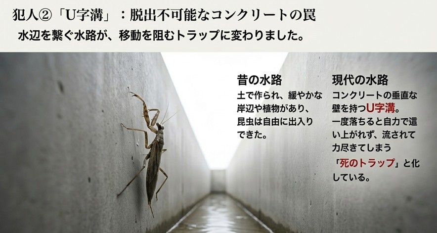 垂直な壁を持つコンクリート製U字溝に落ちたミズカマキリが、這い上がれずに流されてしまう様子を示した図。