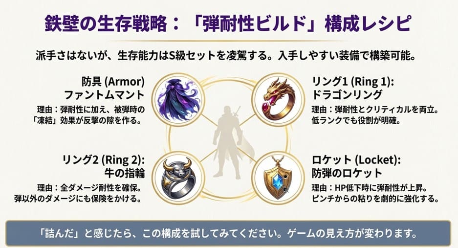 ファントムマント、ドラゴンリング、牛の指輪、防弾のロケットを使用した弾耐性特化の装備組み合わせ図。