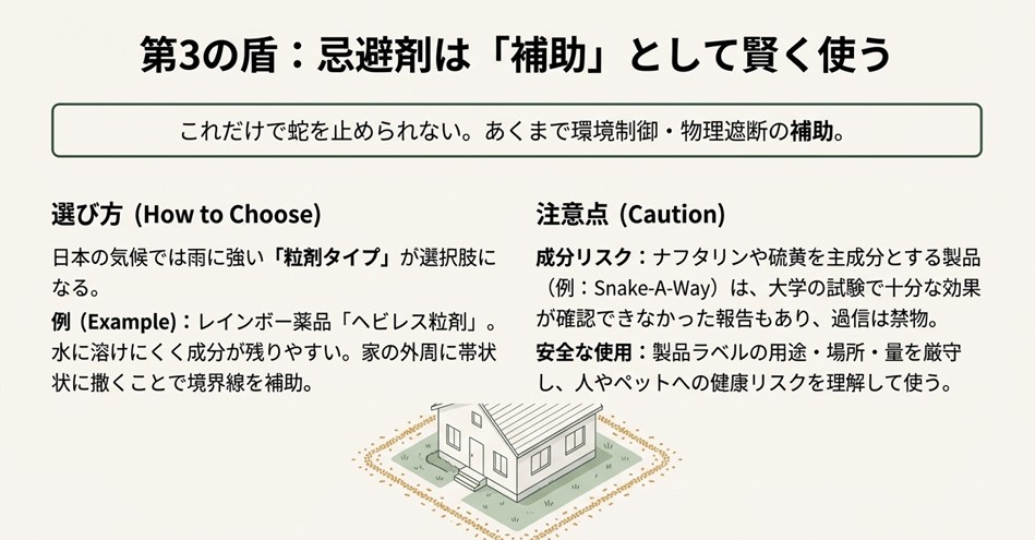 第3の盾「化学防壁」の解説。雨に強い粒剤タイプの活用法や、ナフタリン・硫黄系薬剤の効果に関する注意点、安全な使用方法をまとめたスライド。