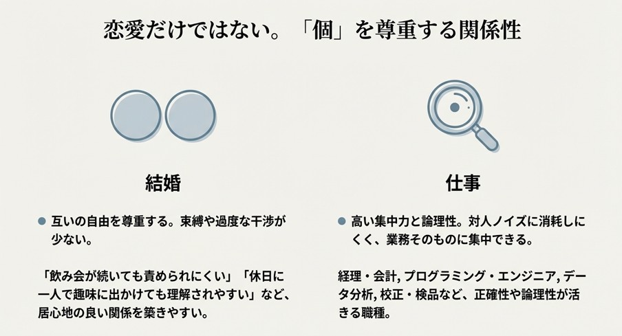 互いの自由を尊重する結婚観と、経理やエンジニアなど集中力が活きる職種についての解説図。個を尊重することが良い関係につながるという説明。