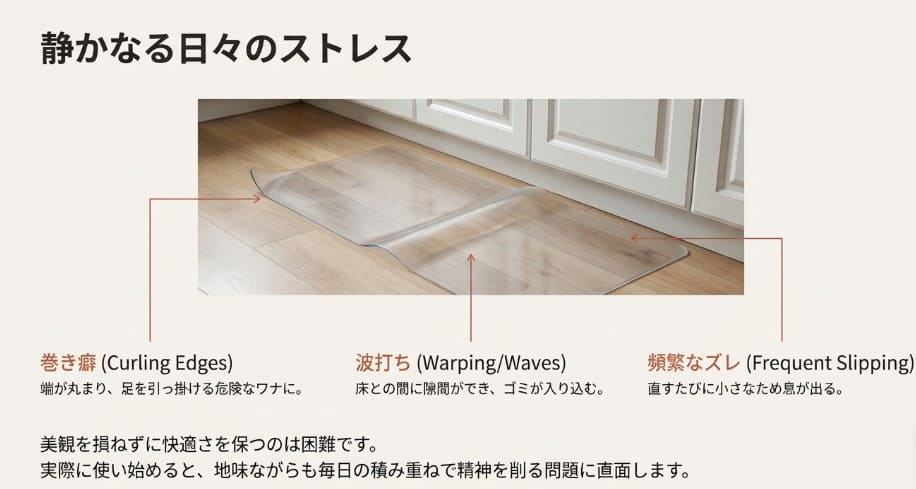 足を引っ掛ける巻き癖やゴミが入る波打ちなど、透明マット特有の物理的なデメリット一覧