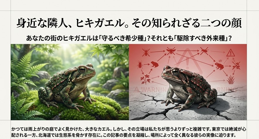 自然の中で佇むヒキガエルと、生態系への警告マークが表示されたヒキガエルの対比イラスト。場所によって保護対象にも駆除対象にもなる現状を表現。