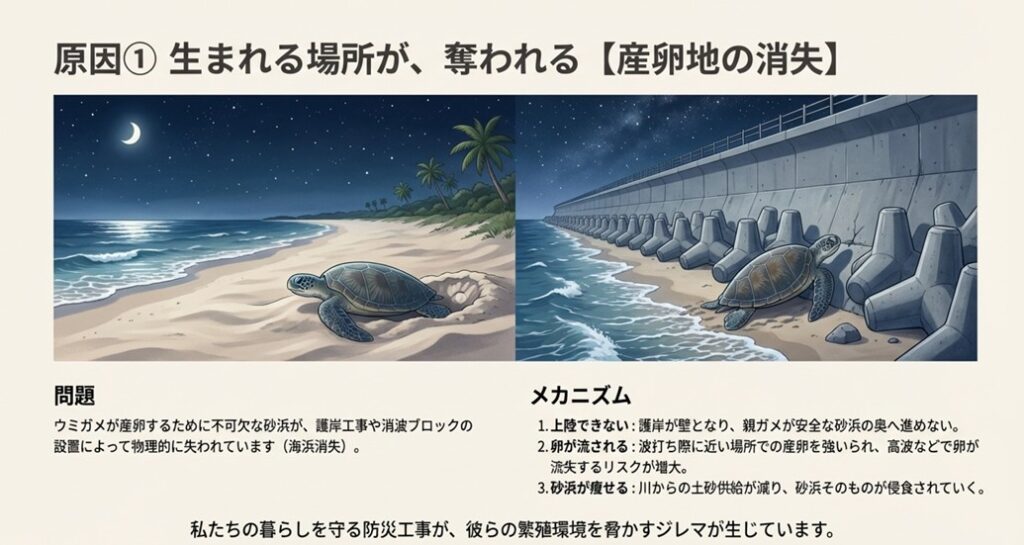 月夜の砂浜で産卵するウミガメのイラスト。護岸工事や消波ブロックにより砂浜が減少し、産卵場所が奪われている問題を解説した図。