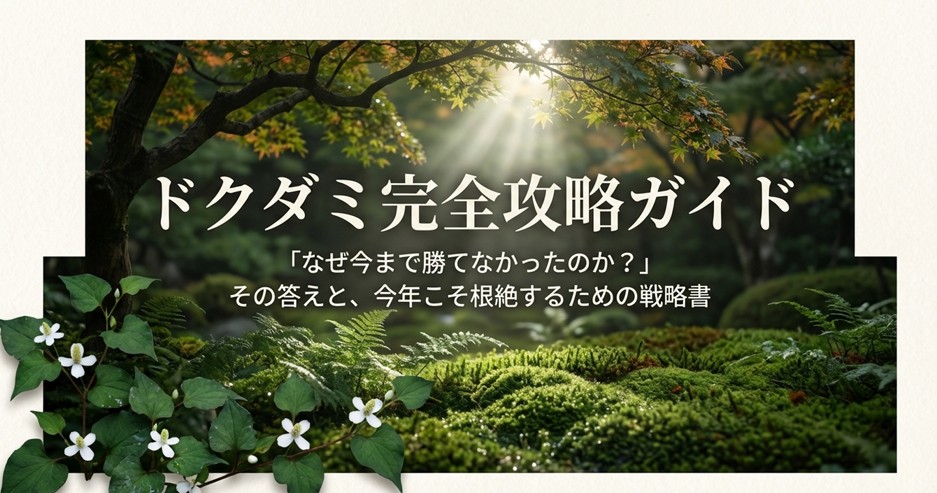 ドクダミが抜いても再生する理由を示すイラスト。地中に張り巡らされた地下茎のネットワークから新たな芽が出ている様子。