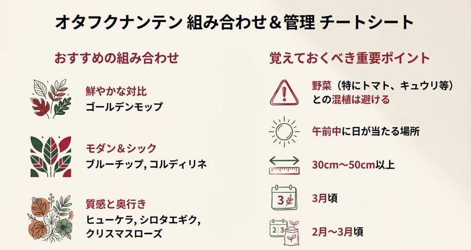 オタフクナンテンと相性の良い植物（ゴールデンモップ、ブルーチップ等）や、管理の重要ポイント（野菜との距離、日当たり、剪定時期）を一枚にまとめたチートシート。