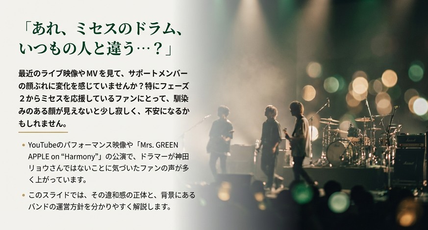 「あれ、ミセスのドラムいつもの人と違う…？」というファンの疑問と、違和感の正体について解説する導入スライド。