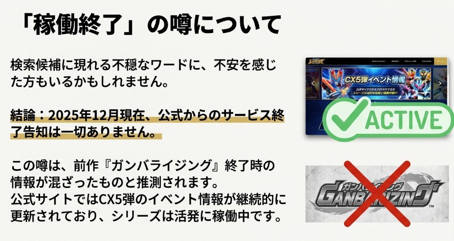 ガンバレジェンズのサービス終了の噂を否定し、CX5弾イベントが活発に稼働中であることを示す解説スライド。