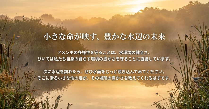 夕暮れの水辺に佇むアメンボのシルエット写真と、生物多様性を守ることが人間の環境を守ることにつながるというメッセージ