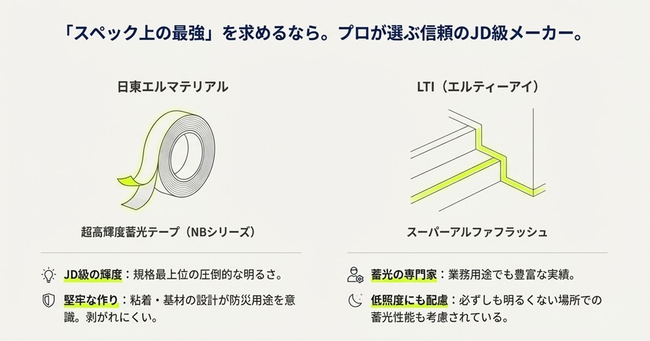 日東エルマテリアルの超高輝度蓄光テープとLTIのスーパーアルファフラッシュの特徴まとめ。JD級の輝度や堅牢な作りについて。