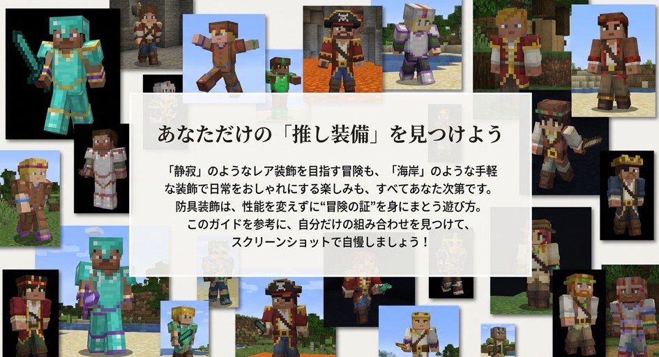 記事のまとめスライド。「あなただけの推し装備を見つけよう」というメッセージと共に、様々な装飾の防具が並んでいる画像。