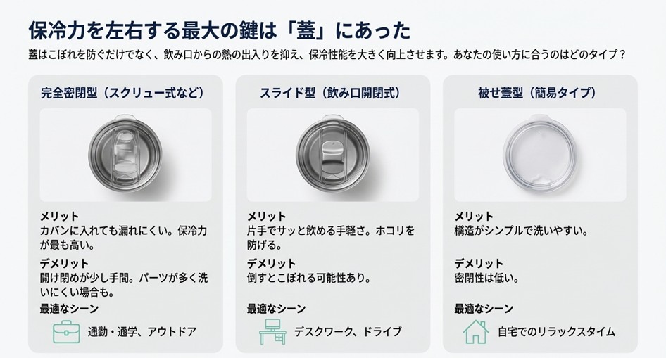 完全密閉型、スライド型、被せ蓋型の3種類の蓋の形状写真と、それぞれの保冷力や洗いやすさ、利用シーンの比較まとめ