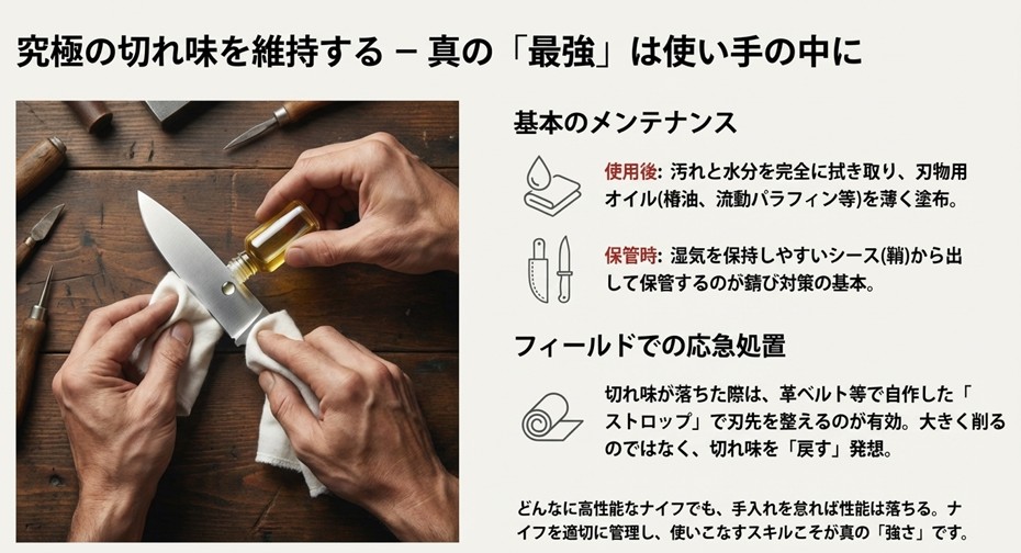 ナイフのブレードにオイルを塗布して手入れを行っている写真と、フィールドでの応急処置（ストロップ）についての解説。