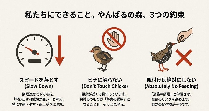 スピードダウン、ヒナに触らない、餌付け禁止を示す3つのアイコンと注意喚起のイラスト