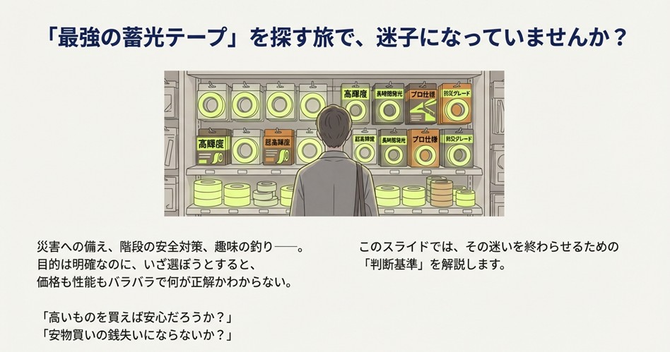 ホームセンターの売り場に並ぶ多種多様な蓄光テープと、どれを選べばよいか迷っている男性のイラスト