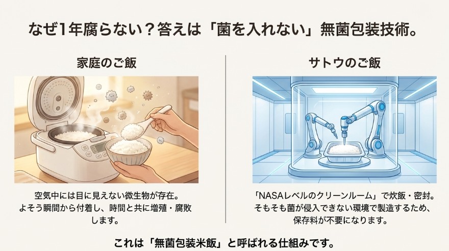 家庭の炊飯器には微生物が存在するが、工場はNASAレベルのクリーンルームで無菌充填している様子の比較イラスト