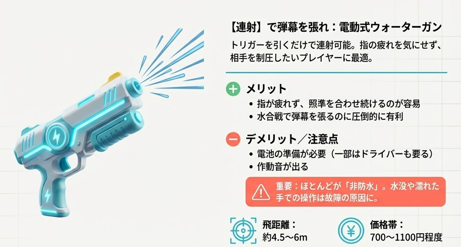 近未来的なデザインの電動水鉄砲のイラスト。「連射で弾幕を張れ」という見出しとともに、指が疲れないメリットと、非防水である注意点が記載されている。