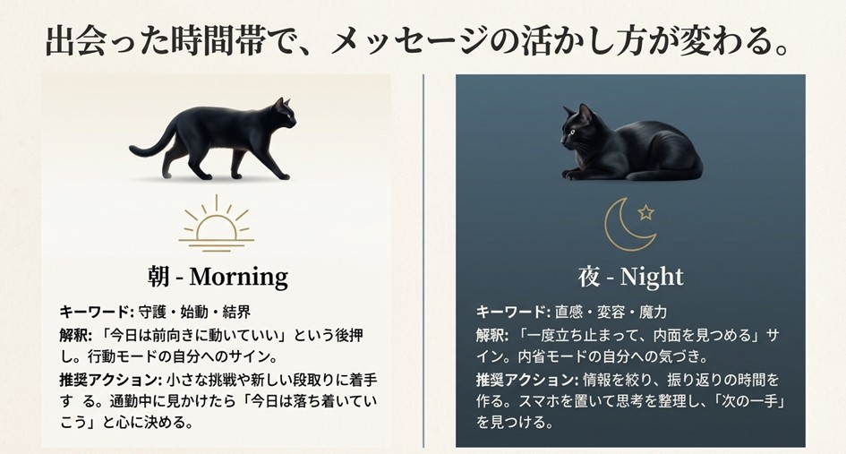 黒猫の歩く姿。朝は「守護・始動」、夜は「直感・変容」を表す太陽と月のアイコン。それぞれの時間帯の推奨アクション解説。