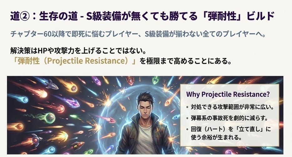 S級装備なしで勝つための生存戦略。HPや攻撃力ではなく「弾耐性」を高めるメリットを解説したスライド。
