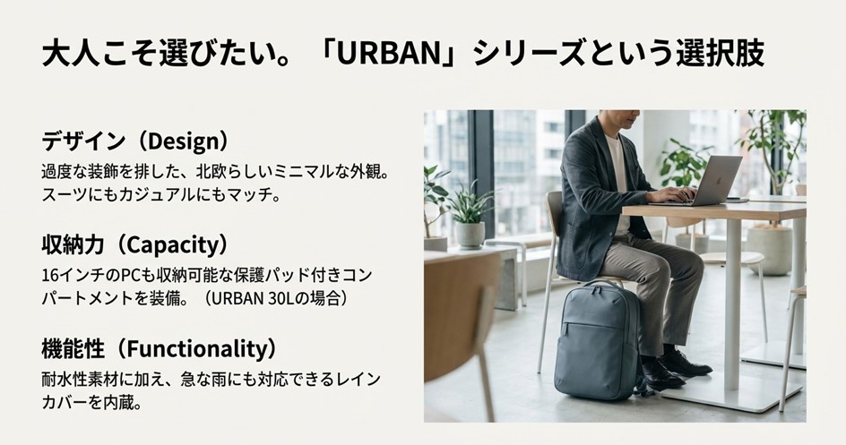 スーツを着た男性がURBANシリーズを背負っている写真。16インチPC収納やレインカバー内蔵など、ビジネスシーンに適した機能を解説。