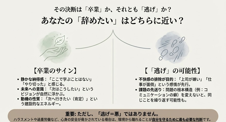 足跡のイラスト。「卒業のサイン（納得感・未来志向）」と「逃げの可能性（不快感の排除・課題の先送り）」を比較し、自分の辞めたい理由がどちらに近いかを確認するリスト。
