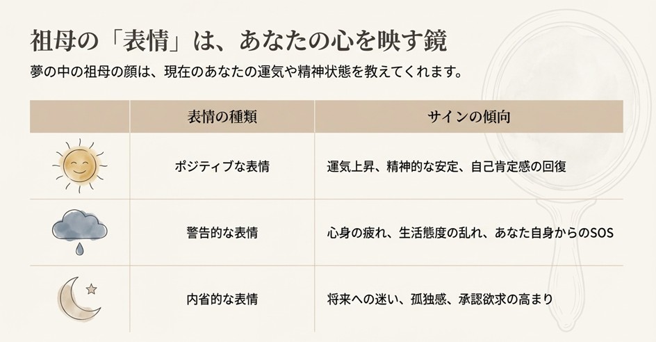 祖母の表情を「ポジティブ」「警告的」「内省的」の3つに分類し、それぞれのサインの傾向(運気上昇、SOS、将来への迷いなど)をまとめた表。