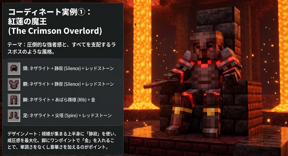 ネザライト装備に「静寂」とレッドストーンを組み合わせ、圧倒的な強者感とラスボス感を表現した「紅蓮の魔王」テーマの装備カスタム画像。