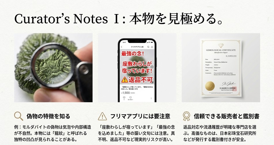 フリマアプリでの「座敷わらし」等の謳い文句への注意喚起と、信頼できる鑑別書の重要性を説くスライド