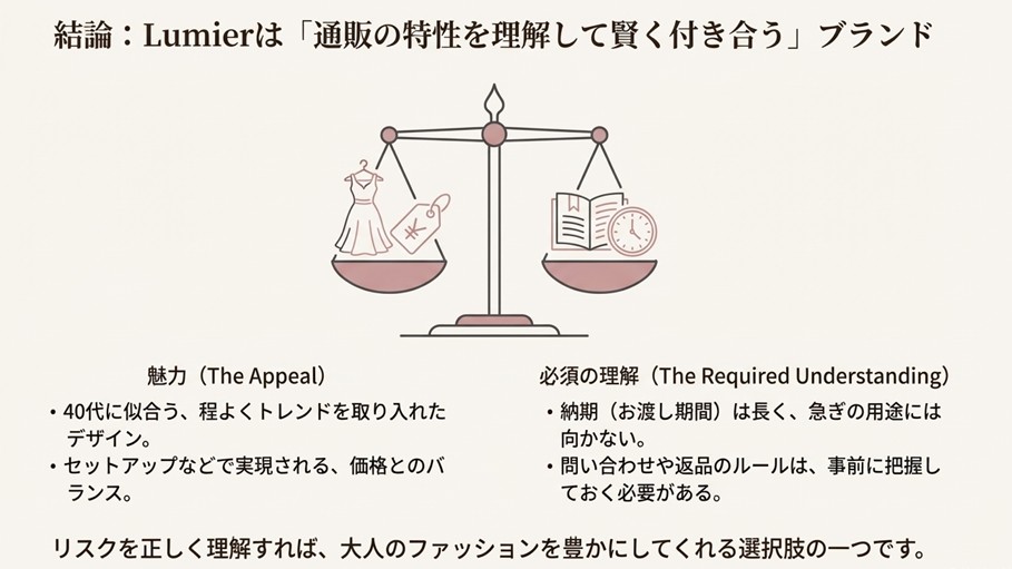 リュミエでの購入時に気をつけるべき3つのポイント（急ぎで使わない、アプリ通知の活用、到着後の即検品）をまとめたスライド