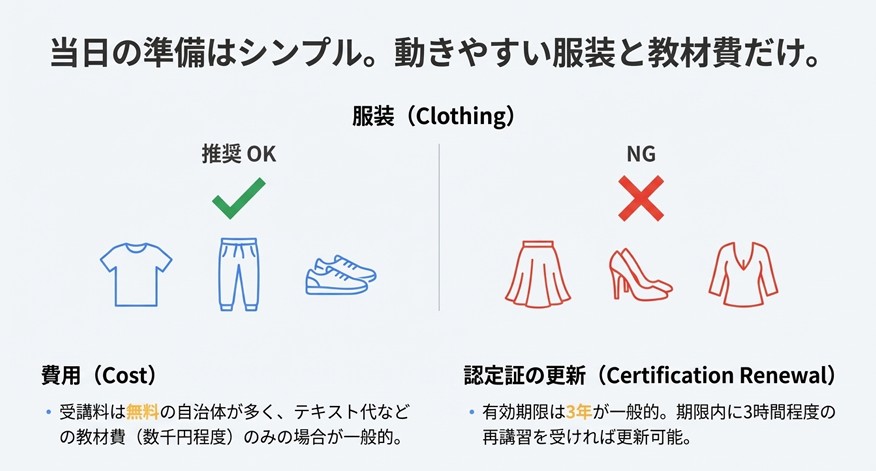 上級救命講習で避けるべきNGな服装（スカート、ヒール、胸元が大きく開いた服）のイラスト