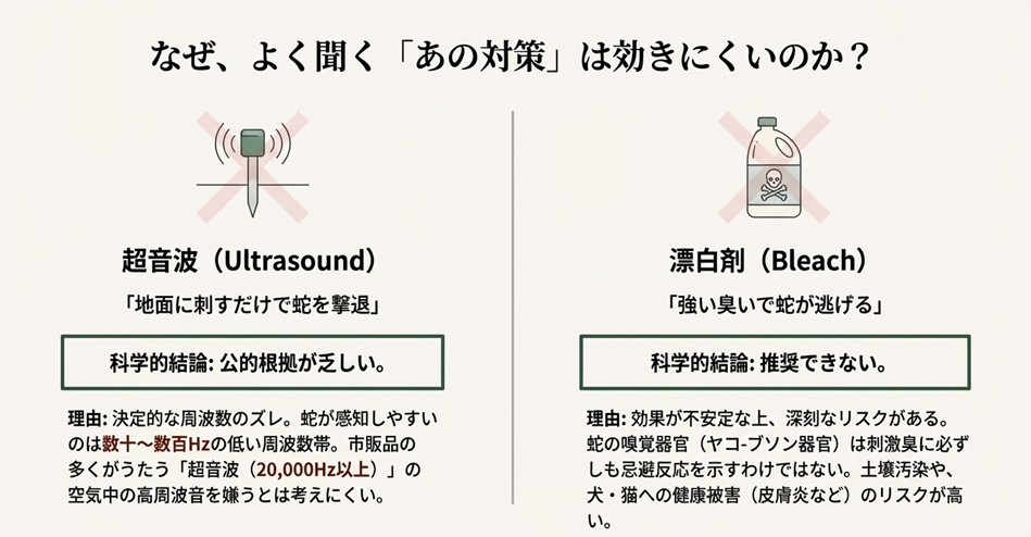 蛇対策のNG例図解。超音波は周波数帯が合わず効果が薄い点や、漂白剤は土壌汚染やペットへの健康被害リスクがあるため推奨できない理由を解説したスライド。